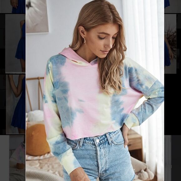 16. Oversized Tie-dye Crop Pullover Hoodie Navy, Pink, Yellow - Picture 1 of 3